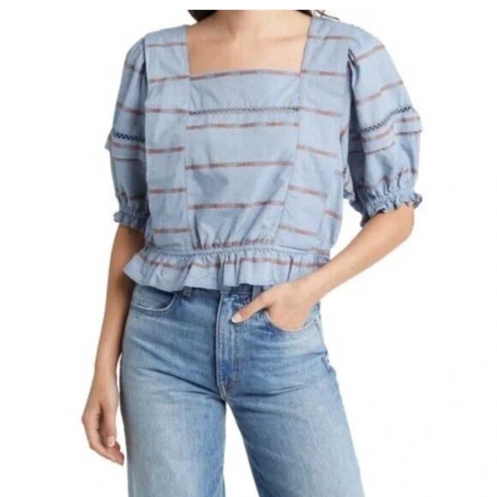 Treasure & Bond Blue and Brown Embroidered Striped Eyelet Puff Sleeve Blouse